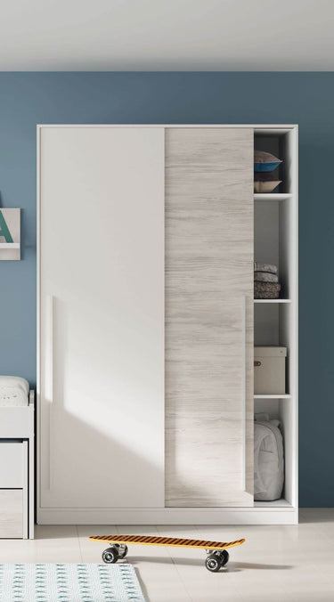 Columbus Arctic White and White Oak Effect Small Narrow Sliding 2 Door Wardrobe - UK Luxury Furniture